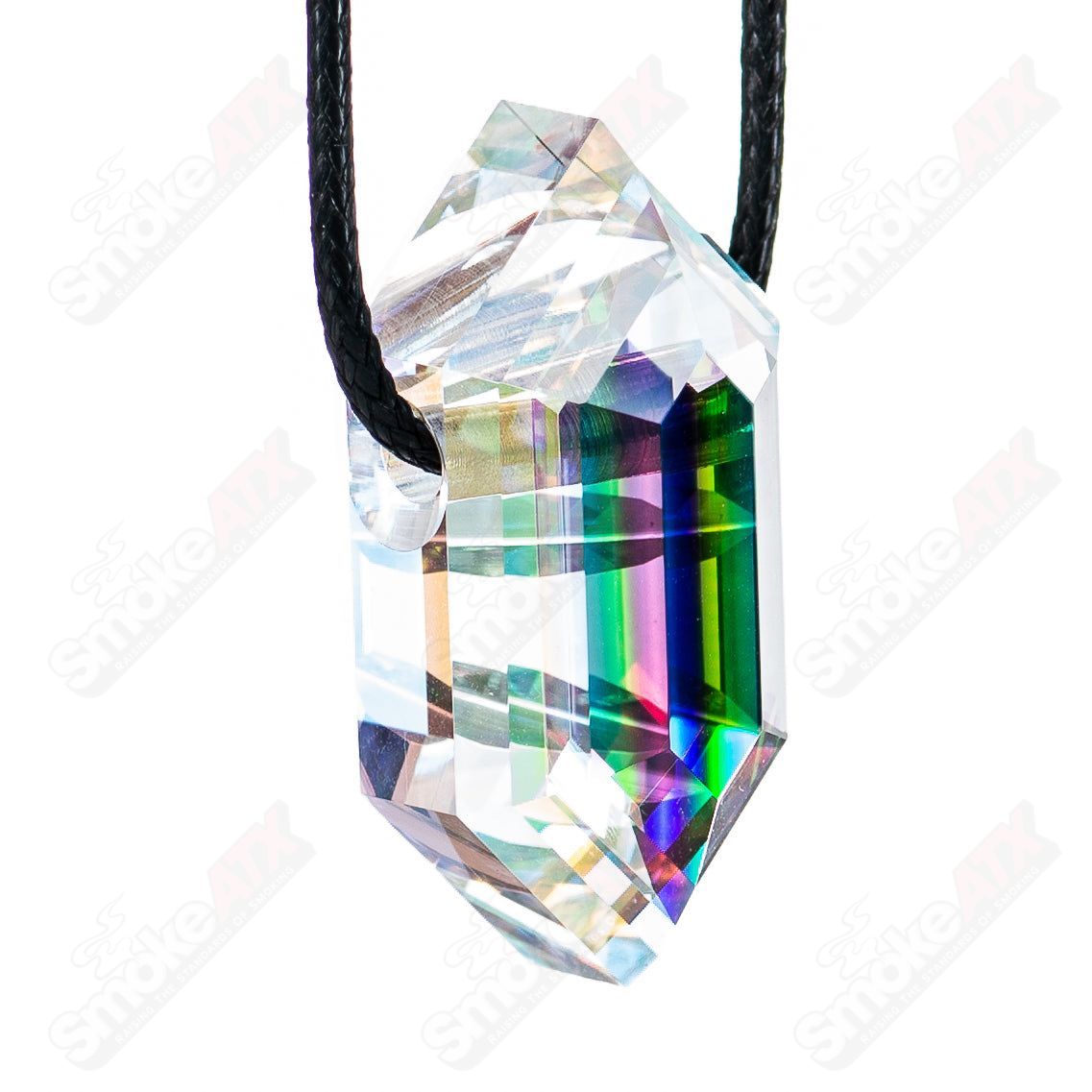 Dichro Diamond Faceted Pendant by Fatal Facets, vibrant glass heady pendant with iridescent finish showing multiple colors.