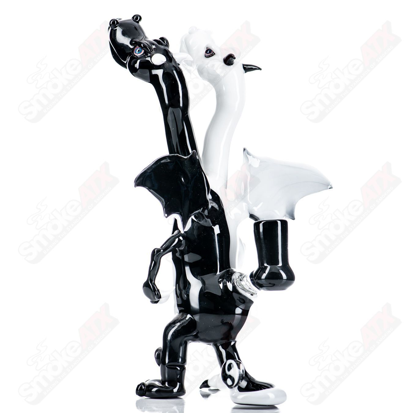 Double-headed dragon Hendy glass concentrate rig with intricate design, clear glass construction, and detailed dragon features.