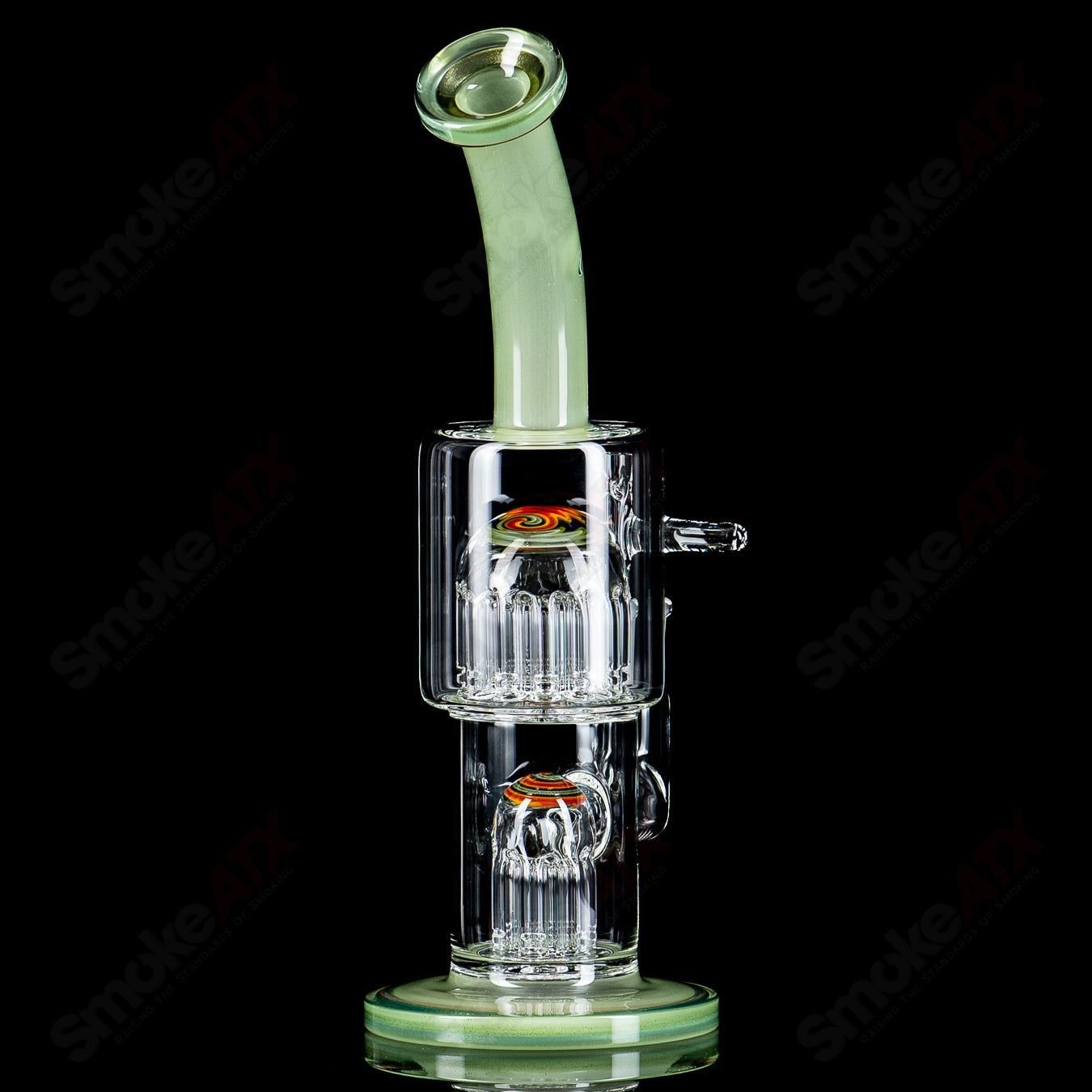 Toro Glass Double Micro 7/13 Arm Perc waterpipe with colorful sections and intricate percolator design.