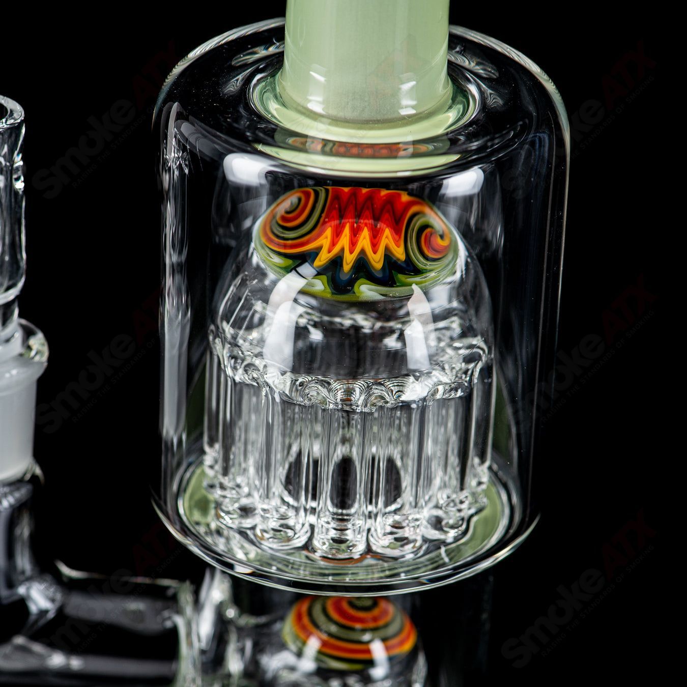 Toro Glass Double Micro 7/13 Arm Perc Waterpipe with colorful sections, showcasing a sleek glass water pipe design.