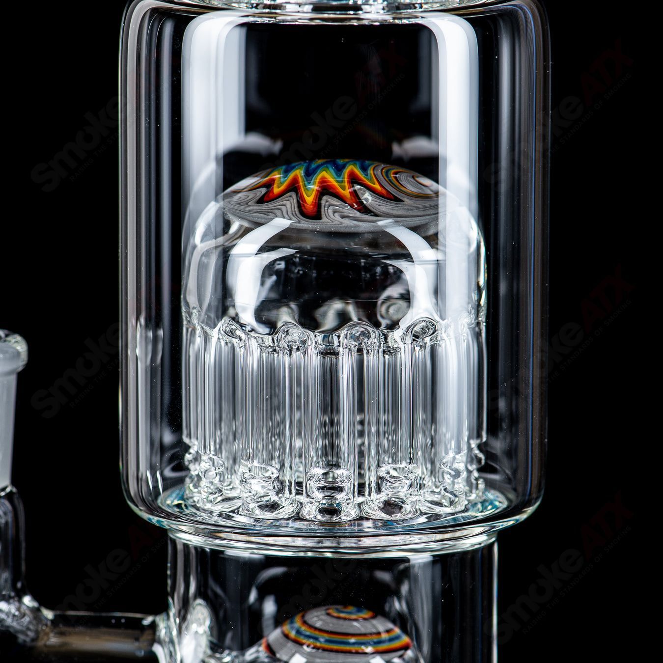 Toro Glass Double Micro 7/13 Arm Perc bubbler with worked sections, clear glass and intricate percolator design.