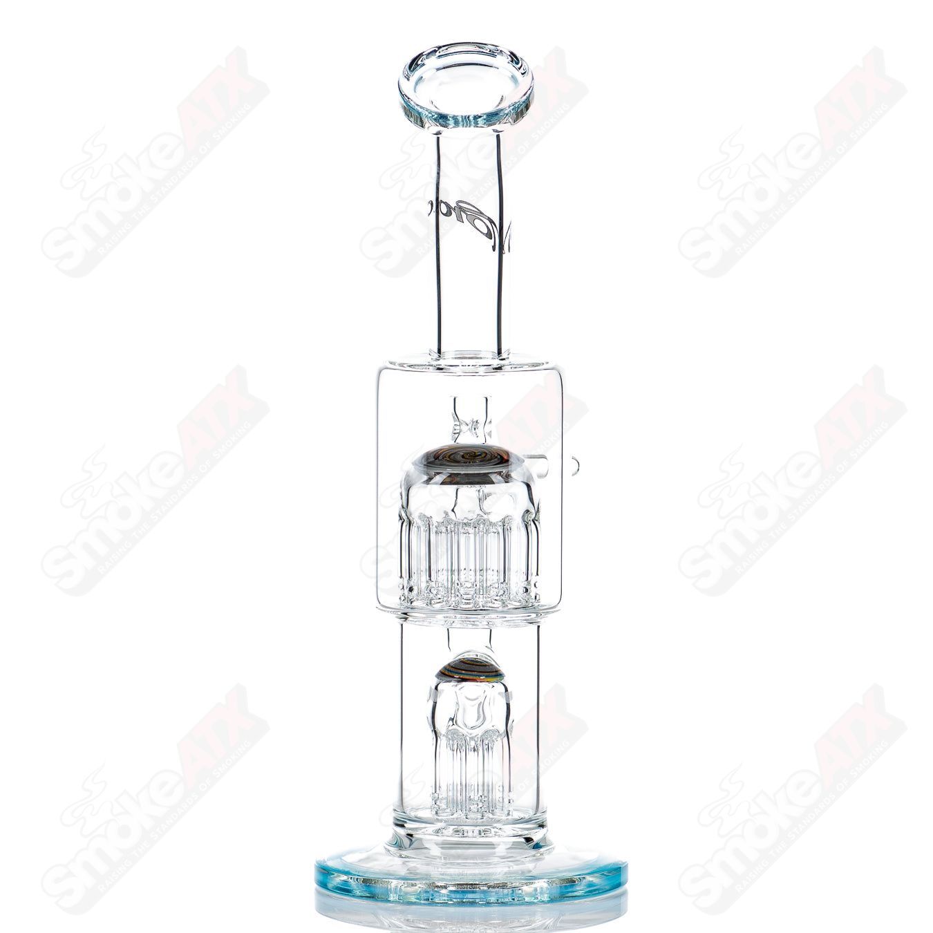 Toro Glass Double Micro 7/13 Arm Perc Bubbler with Worked Sections, clear glass smoking accessory with intricate design.