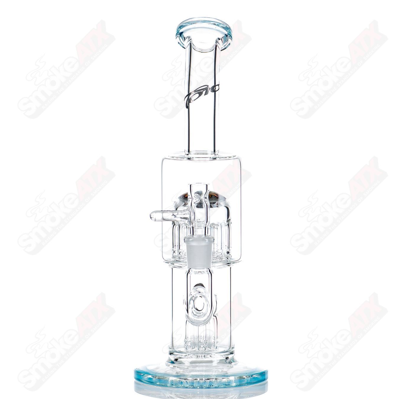 Toro Glass double Micro 7/13 arm perc bubbler with worked sections, showcasing intricate glasswork and a sleek design.