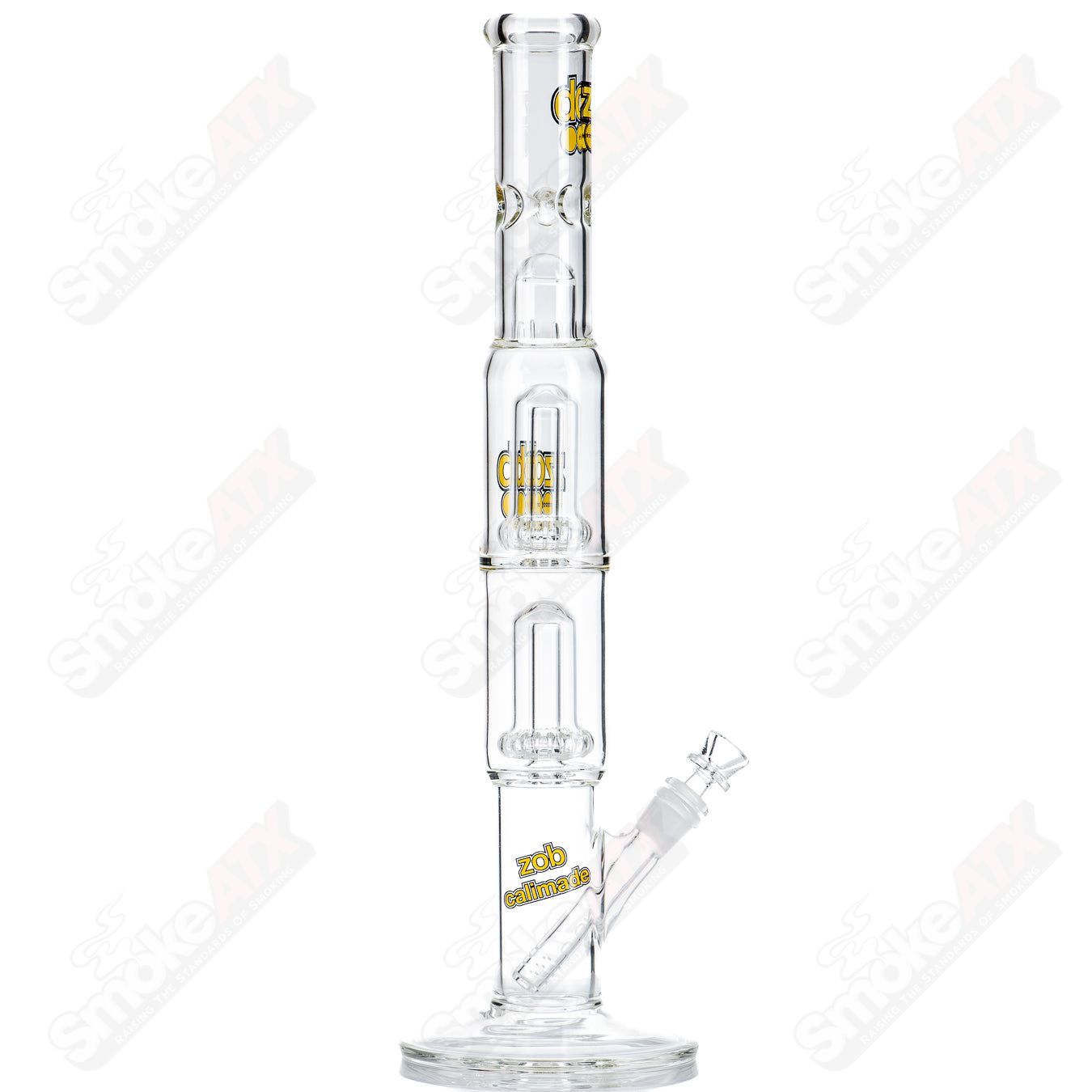 Yellow and black Zob glass waterpipe with double UFO percolator and splash guard, straight design for smooth smoking experiences.