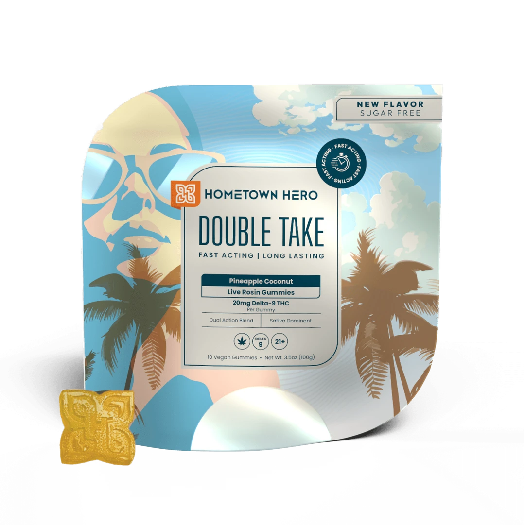 200mg Sugar-Free Pineapple Coconut Delta-9 Live Rosin Double Take Gummies Hometown Hero - Smoke ATX 