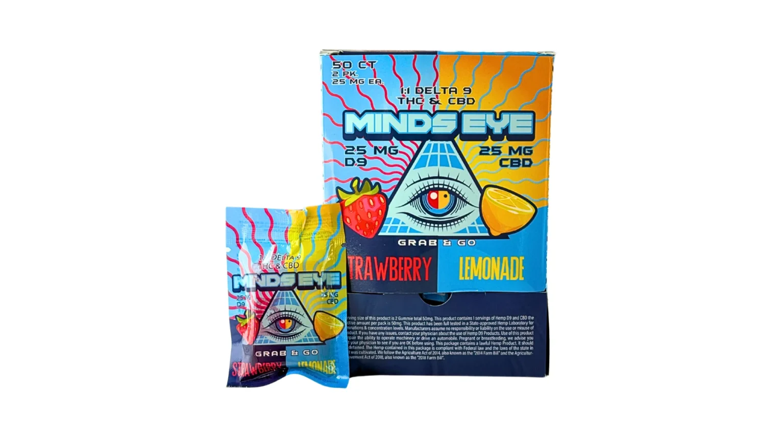 Minds Eye Strawberry Lemonade D9 Gummies, 50mg, 2 count, hemp edibles with fruity, colorful gummy candies on a white background.