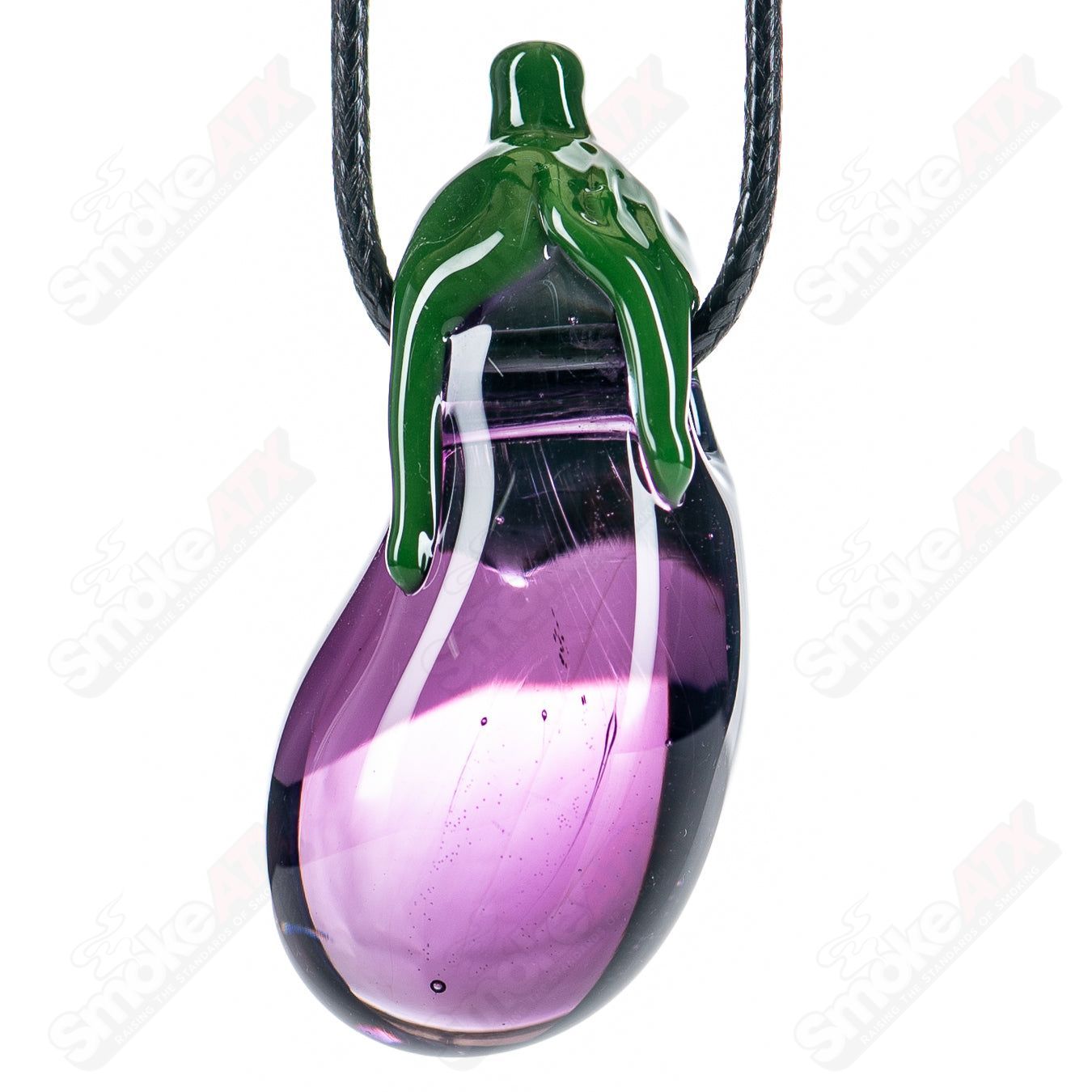 Glass by Boots eggplant pendant, a colorful glass jewelry piece shaped like an eggplant, hanging on a delicate chain.