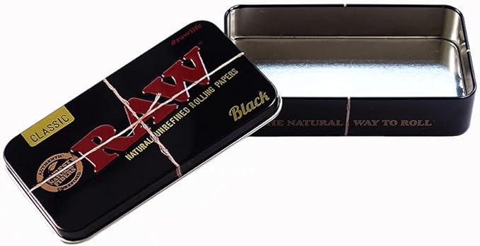 Black metal tin box for storage by RAW, designed for 420 products, with a sleek, durable metal construction.