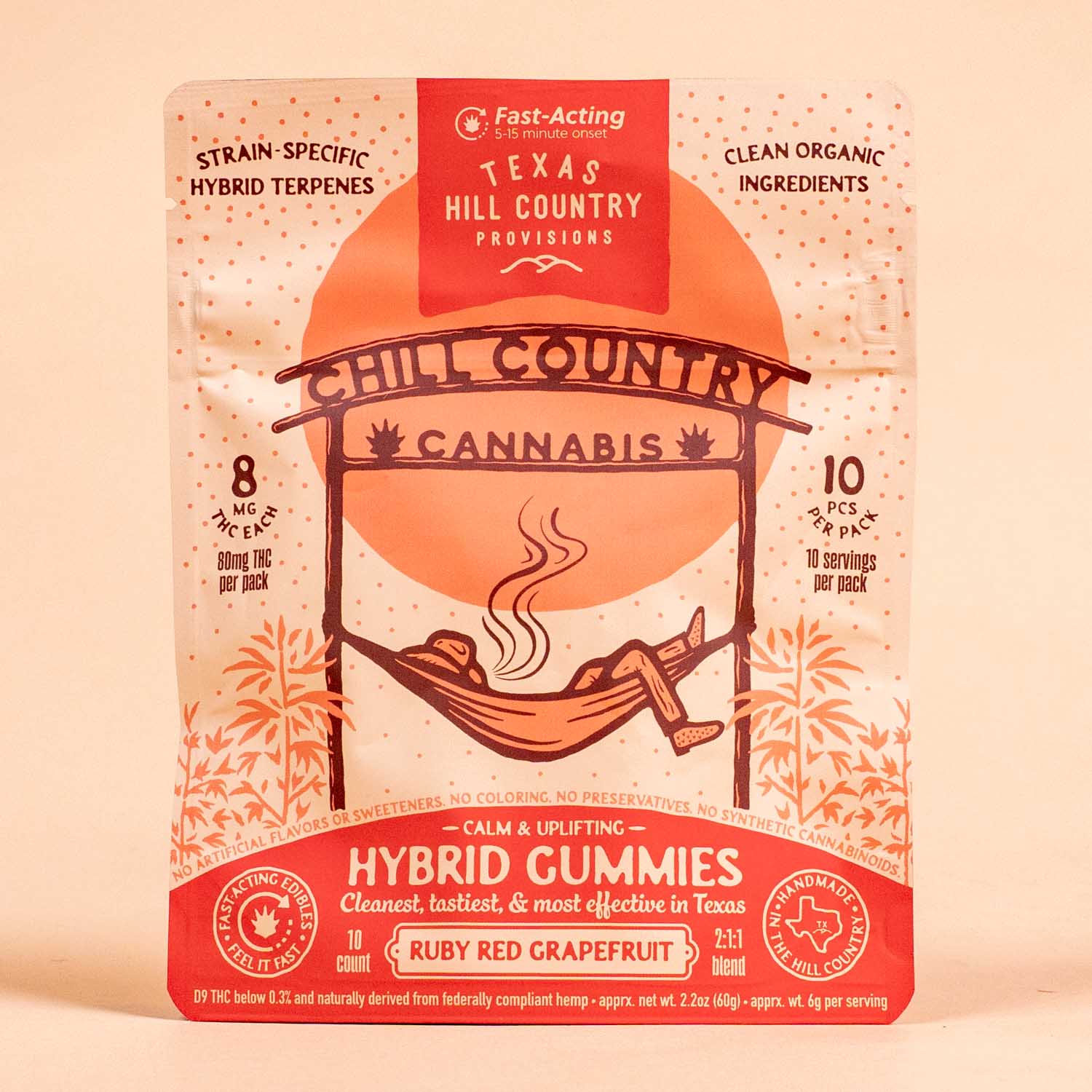 Ten Chill Country Ruby Red Grapefruit THC gummies in a clear container, showcasing bright red citrus-flavored hemp edibles.