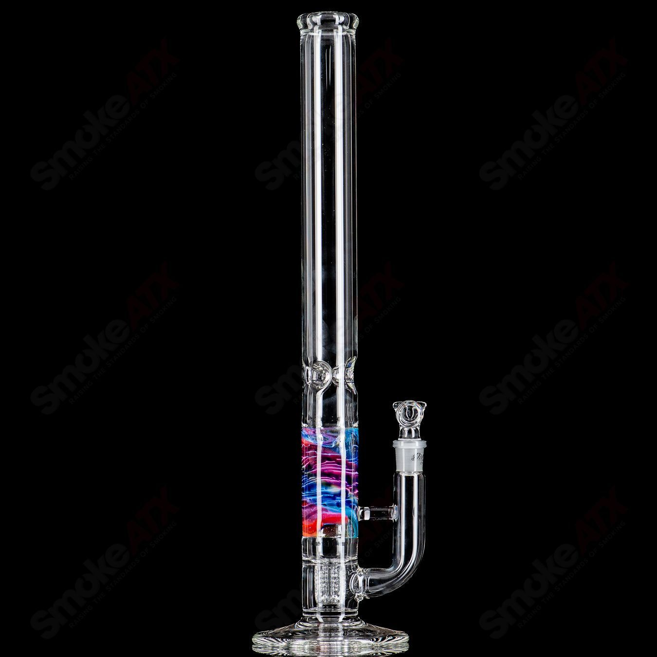 20-inch Rainbow Fade Apolocoline straight glass tube with 14mm bowl by Dirty Rico Glass, featuring vibrant rainbow colors and clear glass accents.