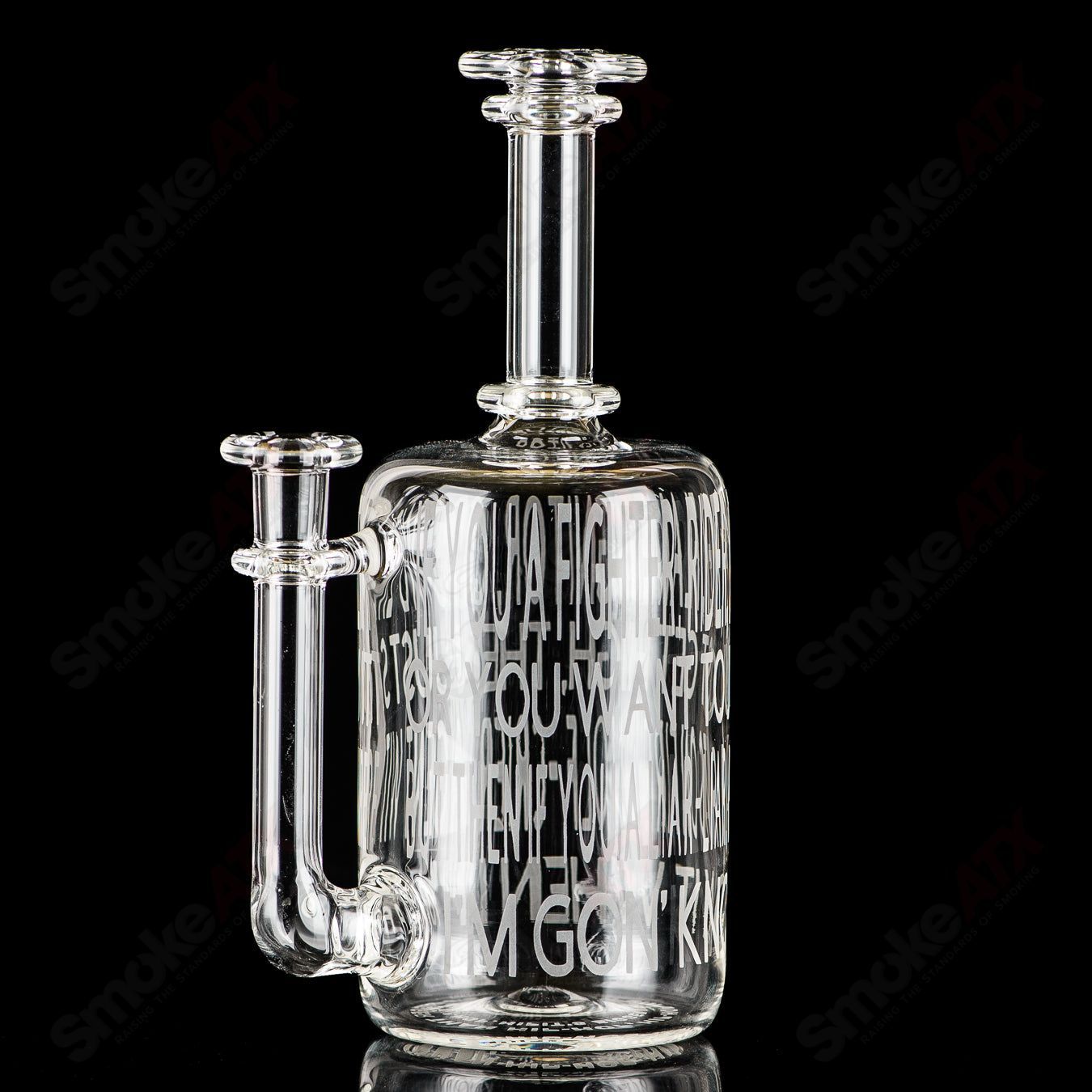 Kage Glass Etched Lyric Rig for concentrates featuring Dead Prez/Hip-Hop design, glass concentrate rig with detailed artwork.