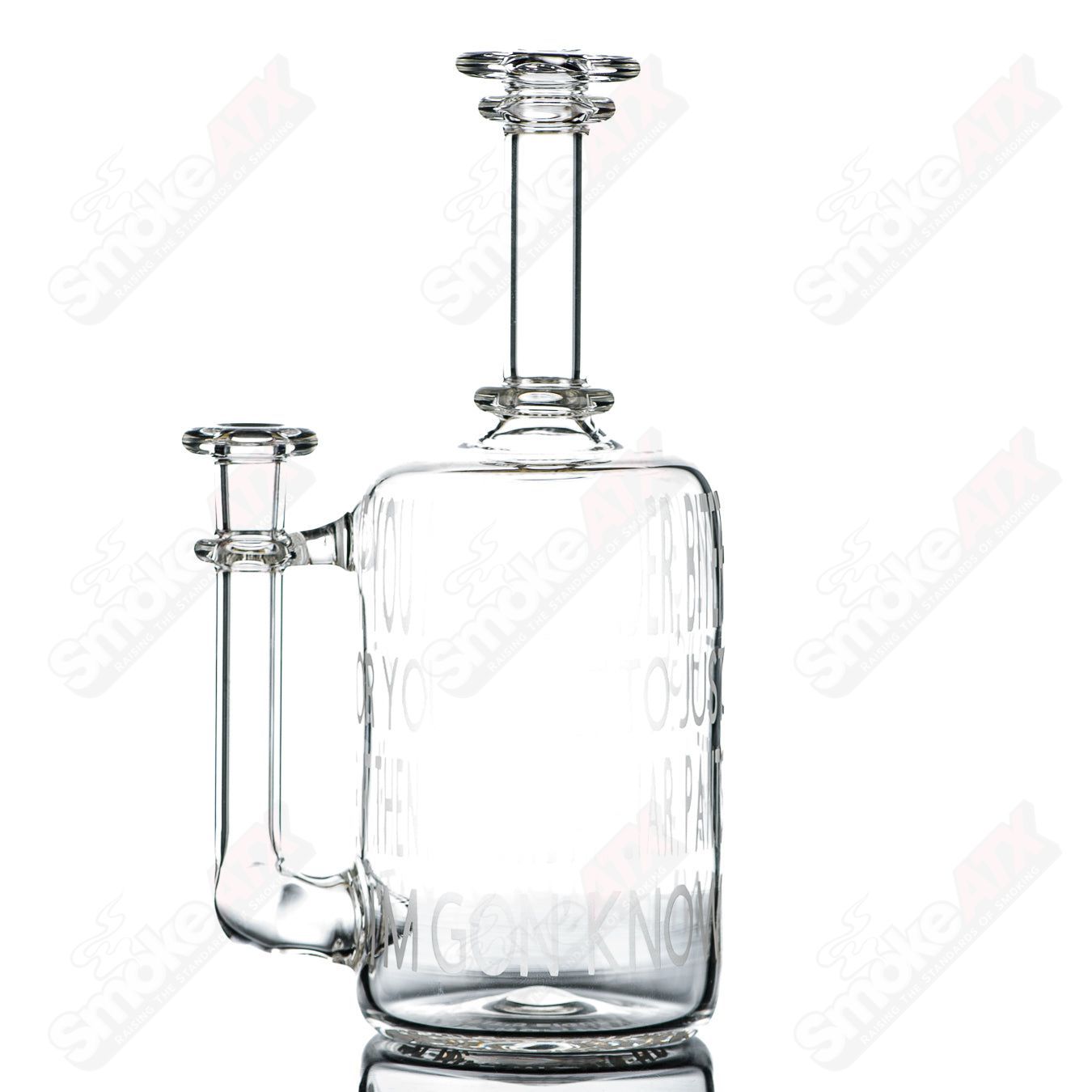 Kage Glass Etched Lyric Rig for concentrates featuring Dead Prez and hip-hop-themed artwork, clear glass with intricate etching.