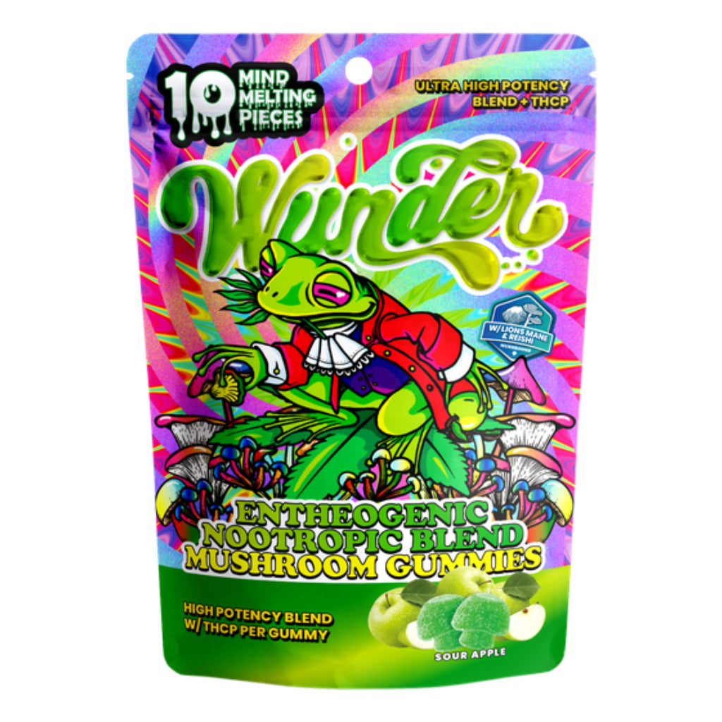 Wunder Sour Apple Mushroom Edibles with 12,000mg nootropic blend and 20mg THCP gummies, featuring colorful sour apple flavor and gummy texture.