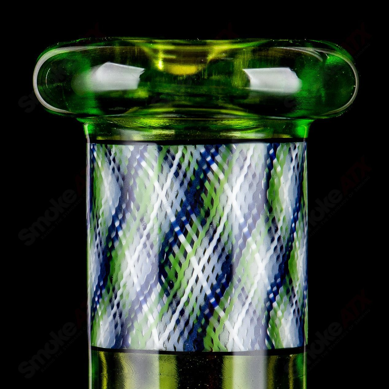 Experimental 26 Green Reticello Pocket Tube by Devol Glass, a clear straight heady glass tube with green reticello pattern.