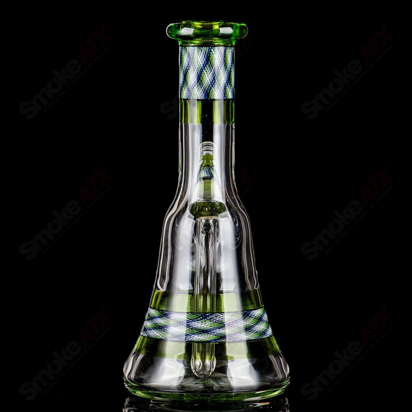 Devol Glass Experimental 26 Green Reticello Pocket Tube, a colorful straight heady glass tube with intricate reticello design.