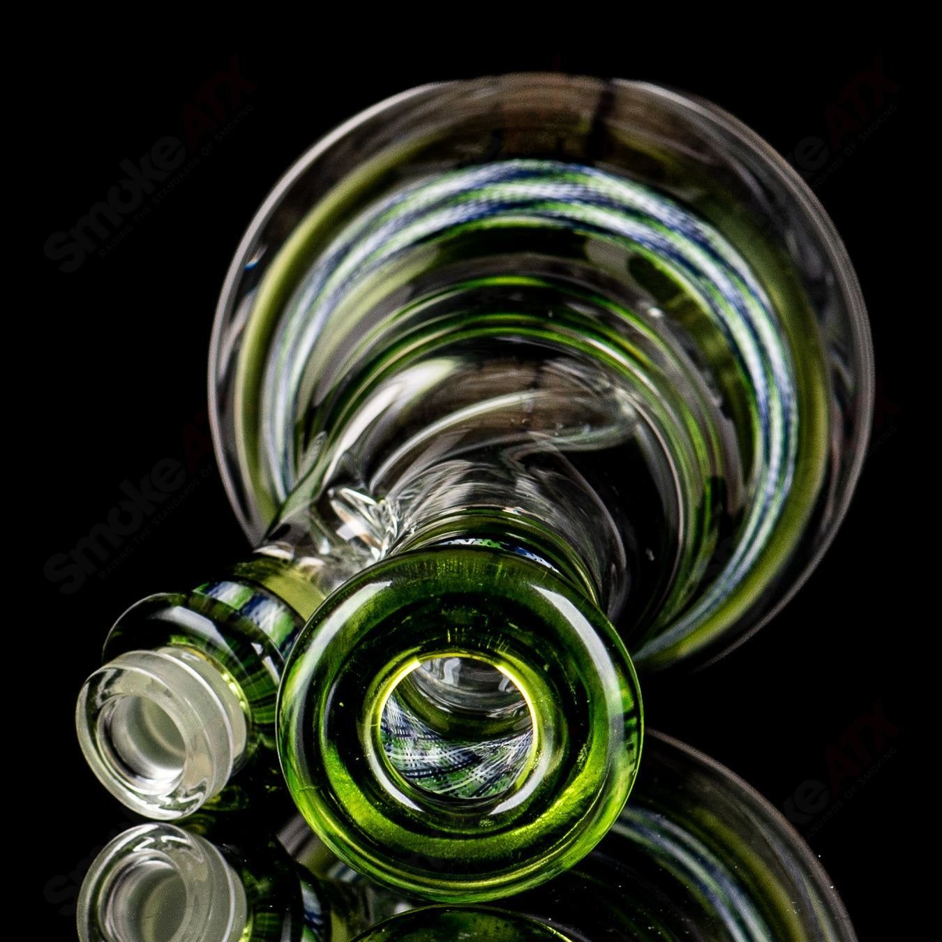 Devol Glass Experimental 26 Green Reticello Pocket Tube, a colorful straight heady glass tube with intricate reticello design.