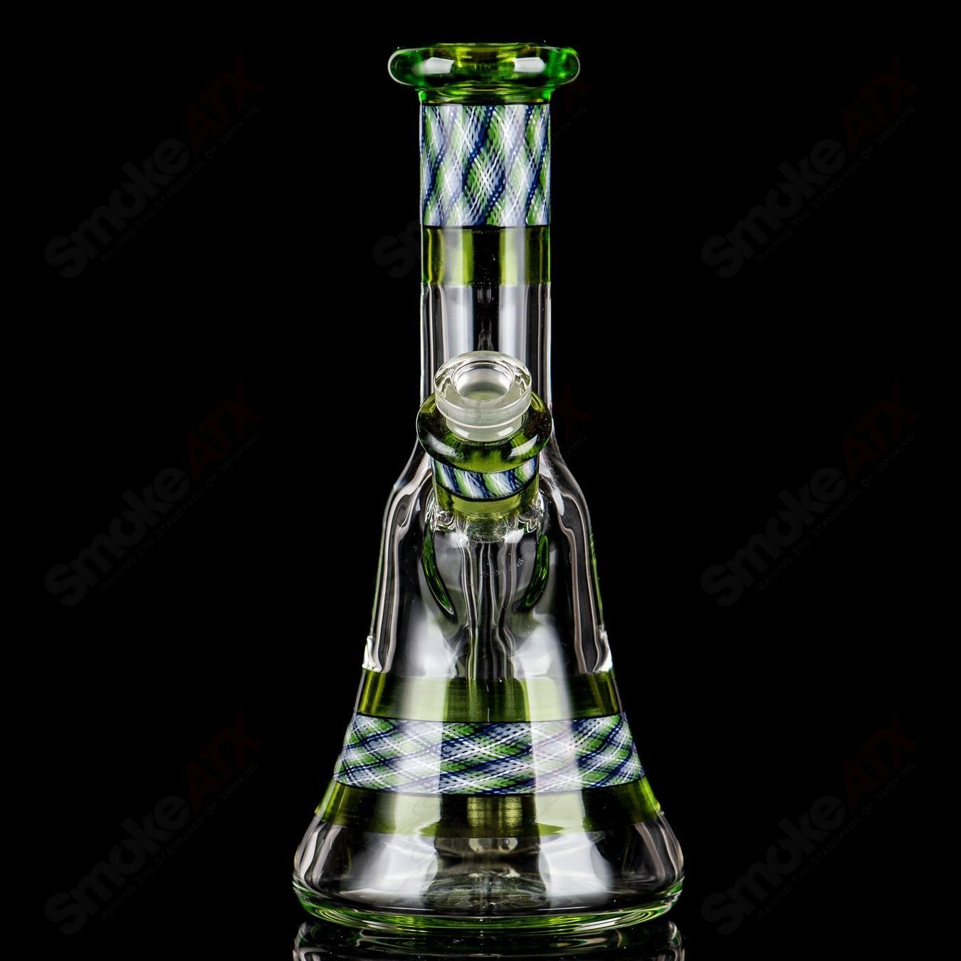 Devol Glass Experimental 26 Green Reticello Pocket Tube, a colorful straight heady glass tube with intricate reticello design.