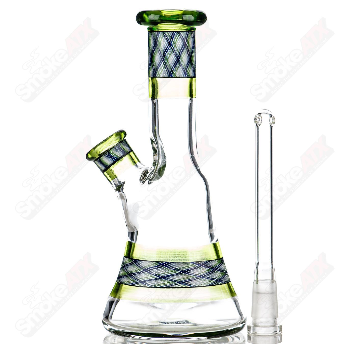 Devol Glass Experimental 26 Green Reticello Pocket Tube, a colorful straight heady glass tube with intricate reticello design.
