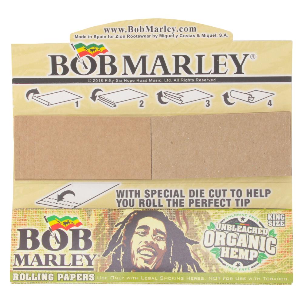 King size organic hemp Bob Marley rolling papers with tips, featuring vibrant Marley-themed packaging and natural hemp texture.