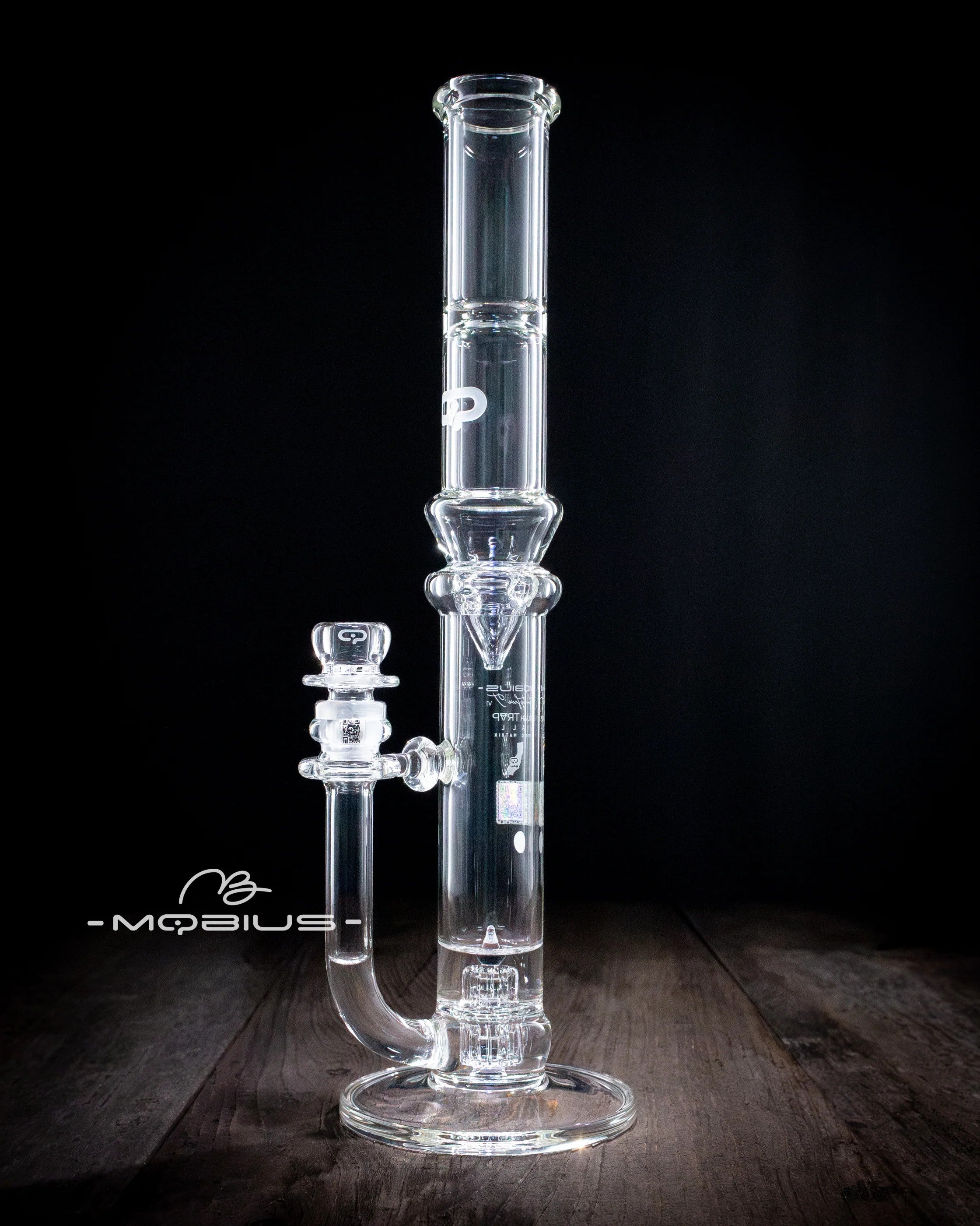 Mobius 45T Tall Stereo Matrix Splash Trap V1 waterpipe glass waterpipe with clear design and intricate water filtration features.
