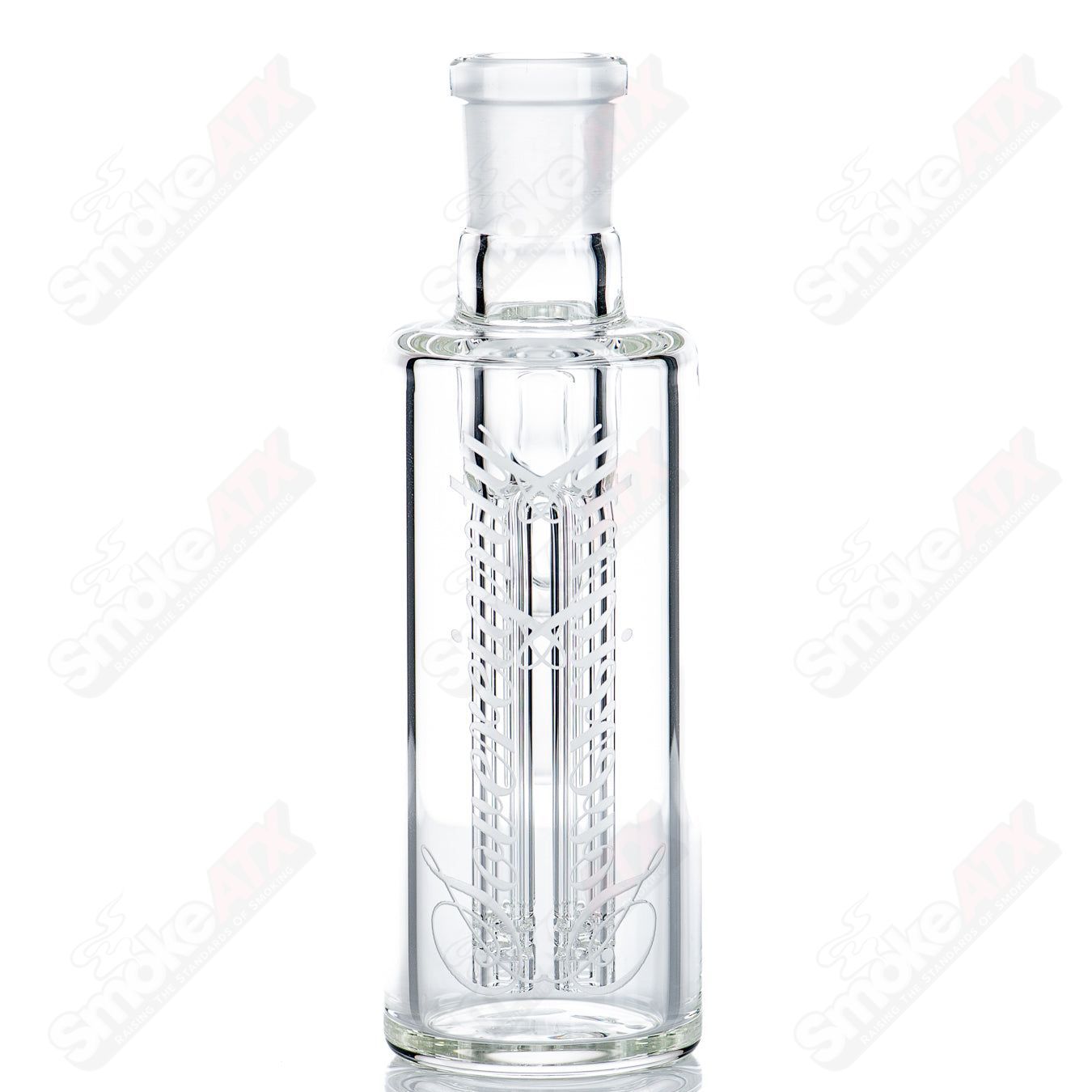 F4 Ash Catcher by Sovereignty Glass, clear glass ash catcher with intricate design, designed for smoking pipes and bongs.