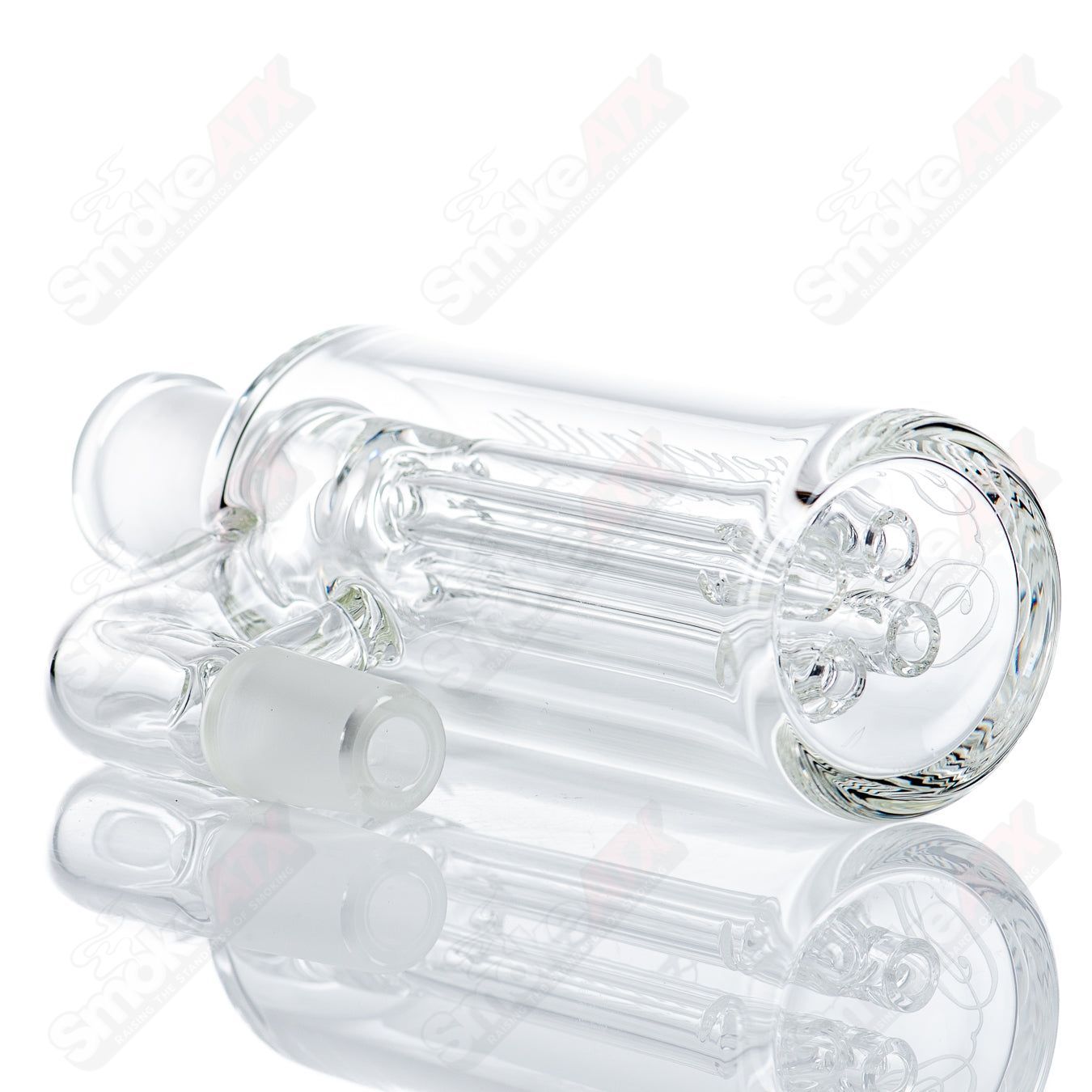 Sovereignty Glass F4 Ash Catcher, clear glass accessory for smoking pipes, with intricate design and sturdy joint for filtration.