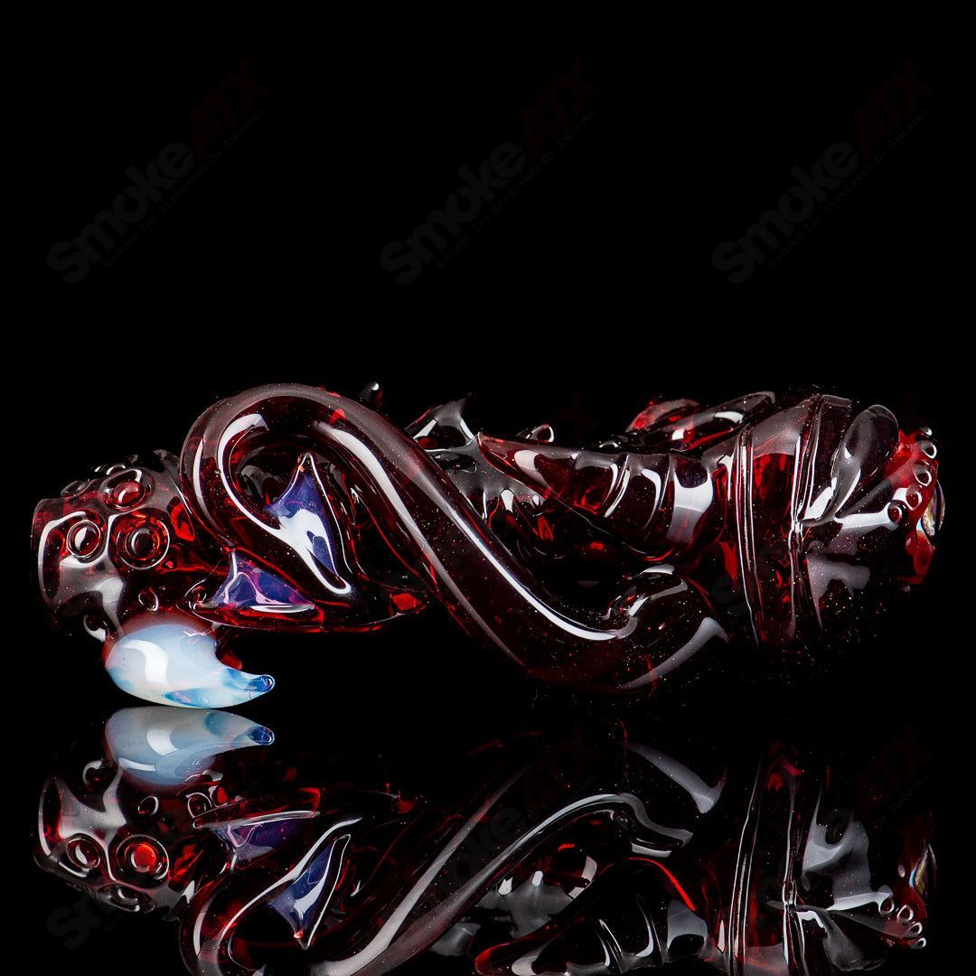 Handmade Mako Glass #5 Seamonster Spoon, a colorful heady glass hand pipe with intricate sea creature design.