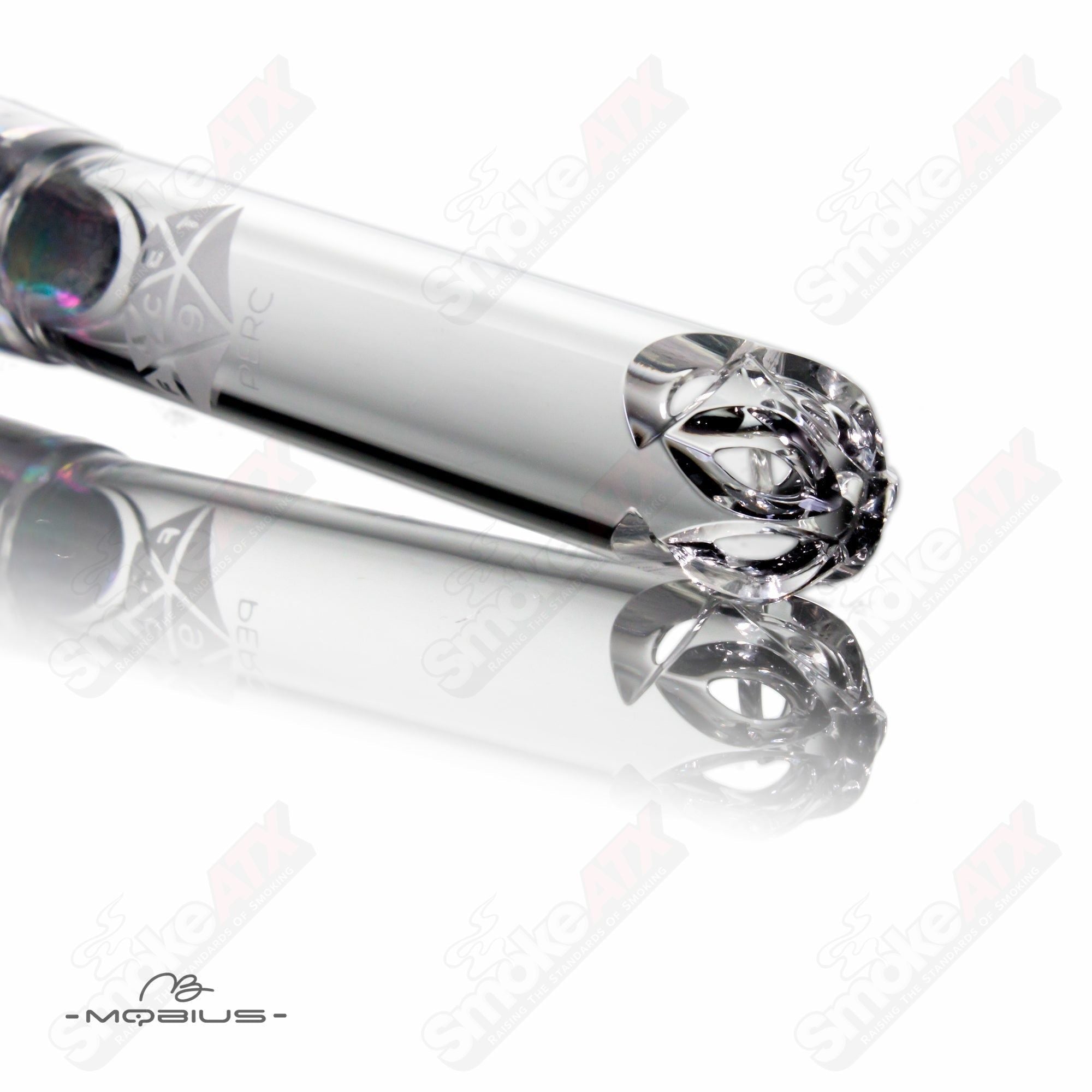 Glass Mobius Facet 3.75-inch downstem, clear with facet design, designed for use with compatible glass water pipes.