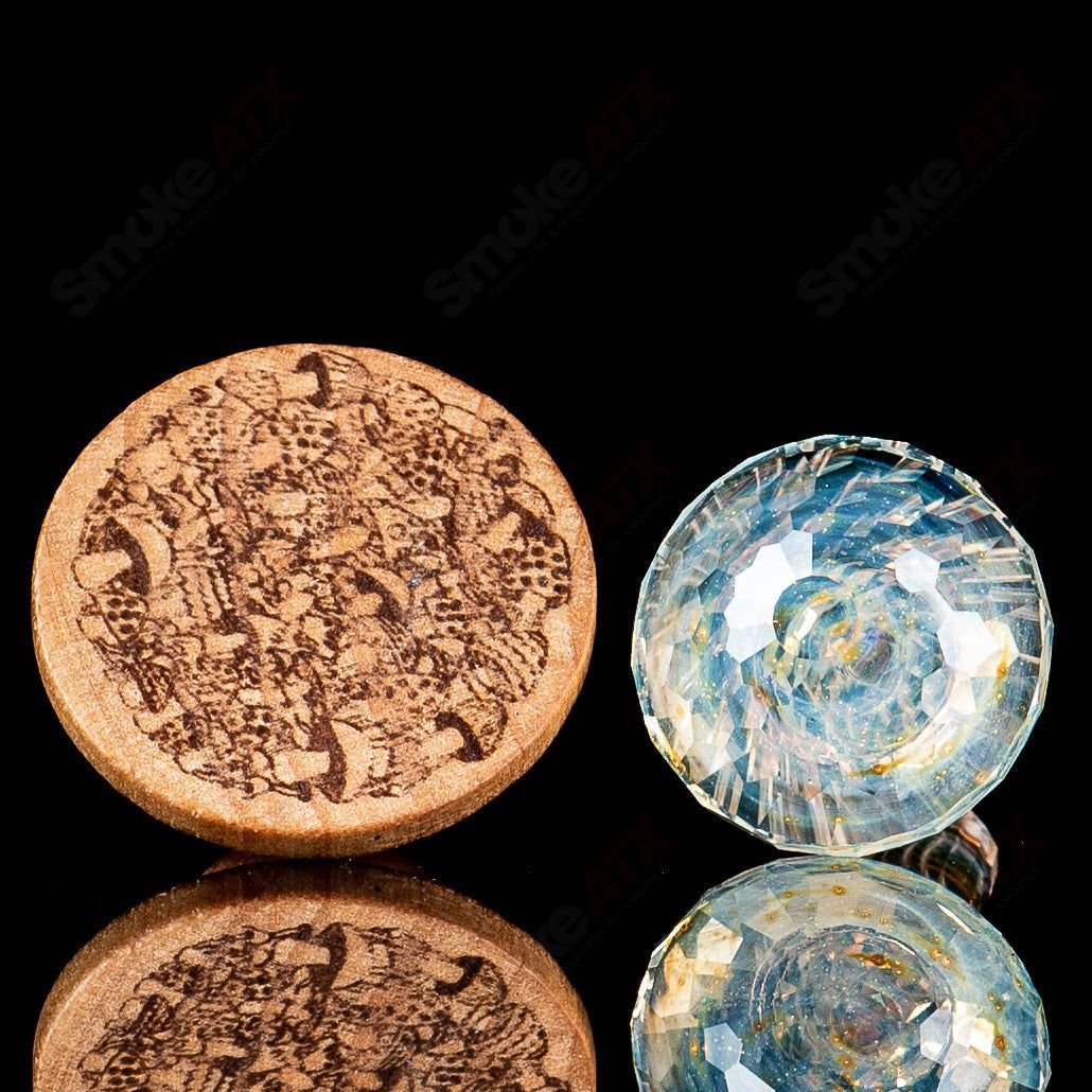 Faceted Ghost Filigrana Mushroom by Fatal Facets on a wooden stand, handcrafted heady glass art piece with intricate filigrana details.