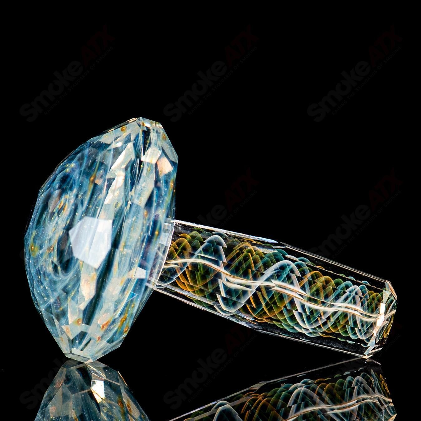 Faceted Ghost Filigrana Mushroom by Fatal Facets, heady glass art piece with intricate filigrana design on wooden stand.