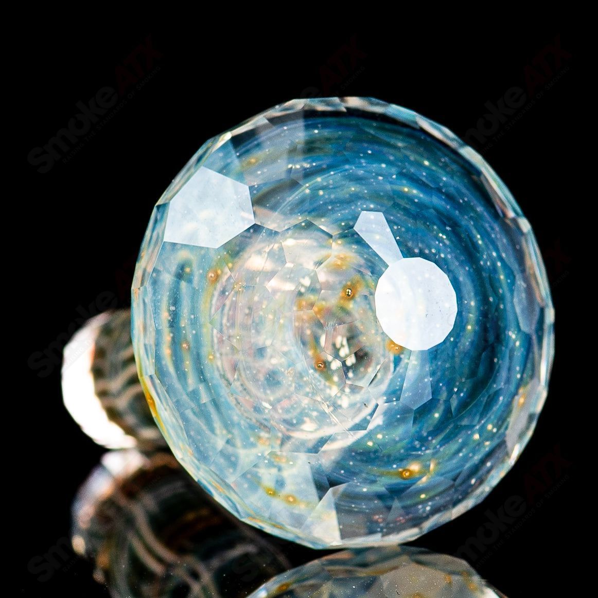 Faceted Ghost Filigrana Mushroom glass sculpture on wooden stand by Fatal Facets, detailed heady glass art piece.
