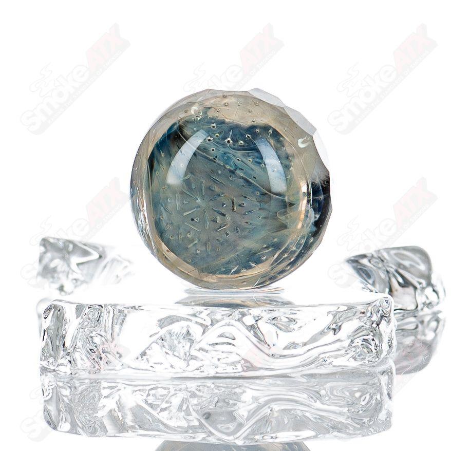 Faceted Ghost Marble with Trefoil S.O.L. pattern by Fatal Facets, colorful heady glass art with intricate design details.