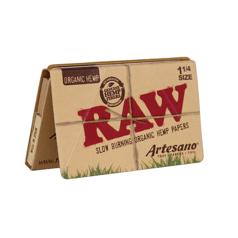 King size RAW Artesano organic hemp rolling papers for 420 products, showing the slim, natural raw hemp paper sheets.