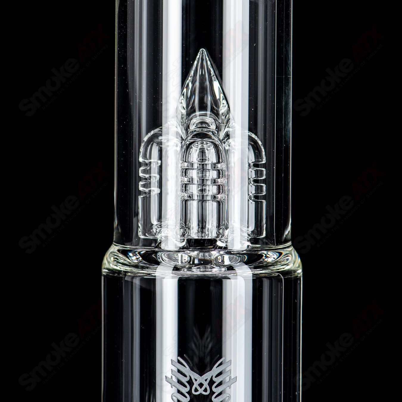 Clear Sovereignty Glass fixed 4-arm bishop sculpture with intricate glass design and smooth finish.