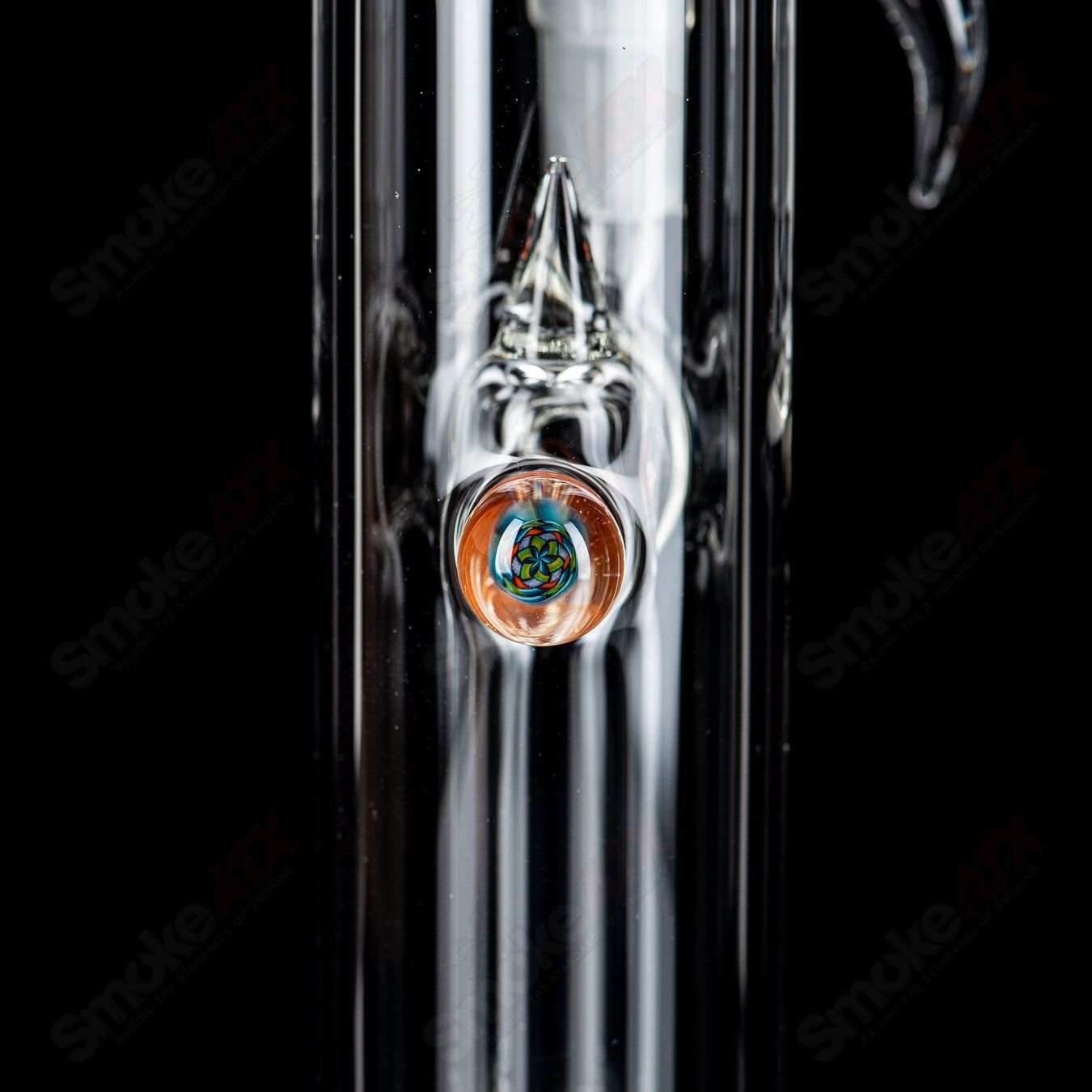 Fixed clear 180W Fillacello Millie heady glass by Sovereignty Glass, featuring intricate glasswork and a sleek design.