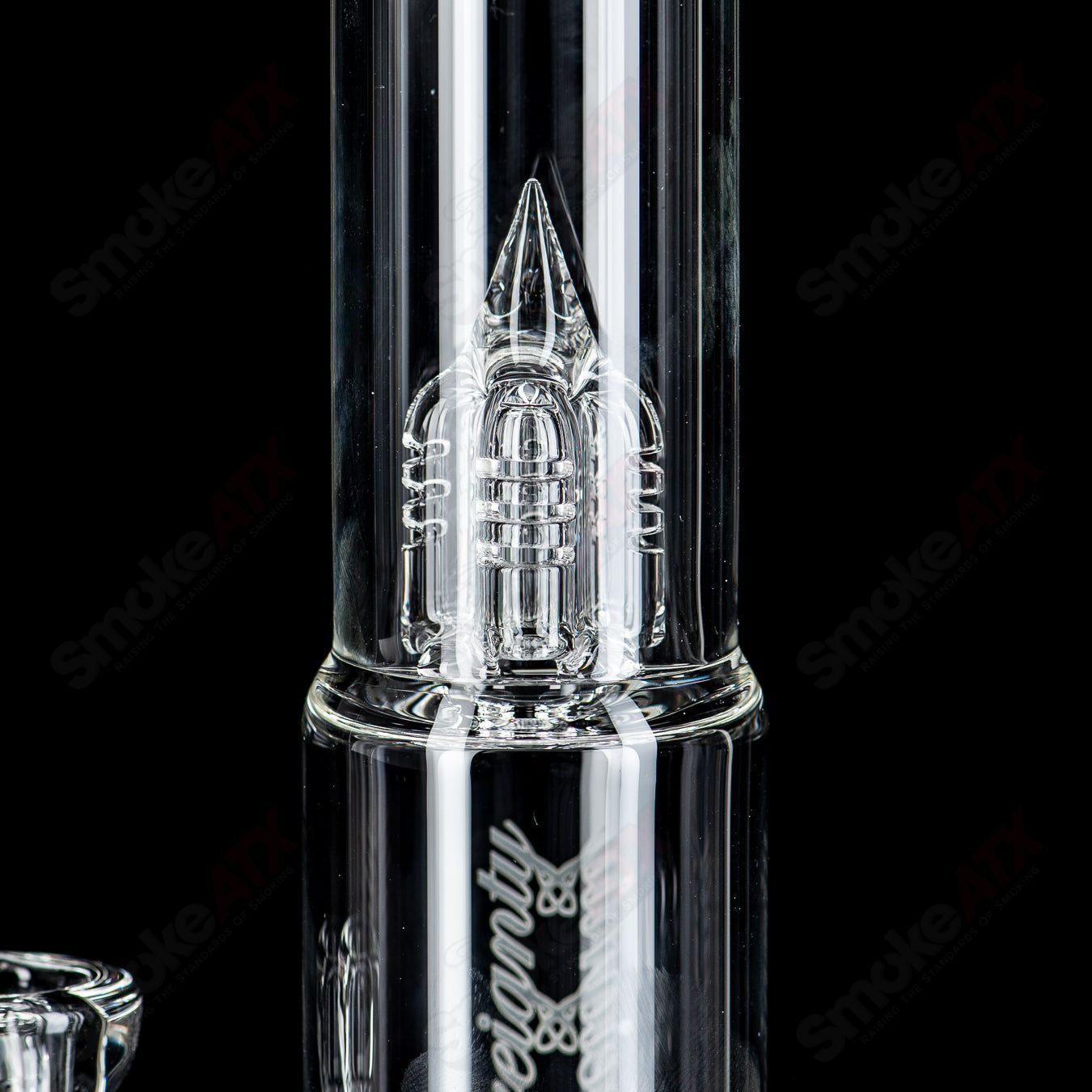 Sovereignty Glass Fixed Stem 180 Pawn, a clear heady glass pipe with intricate design and smooth finish.