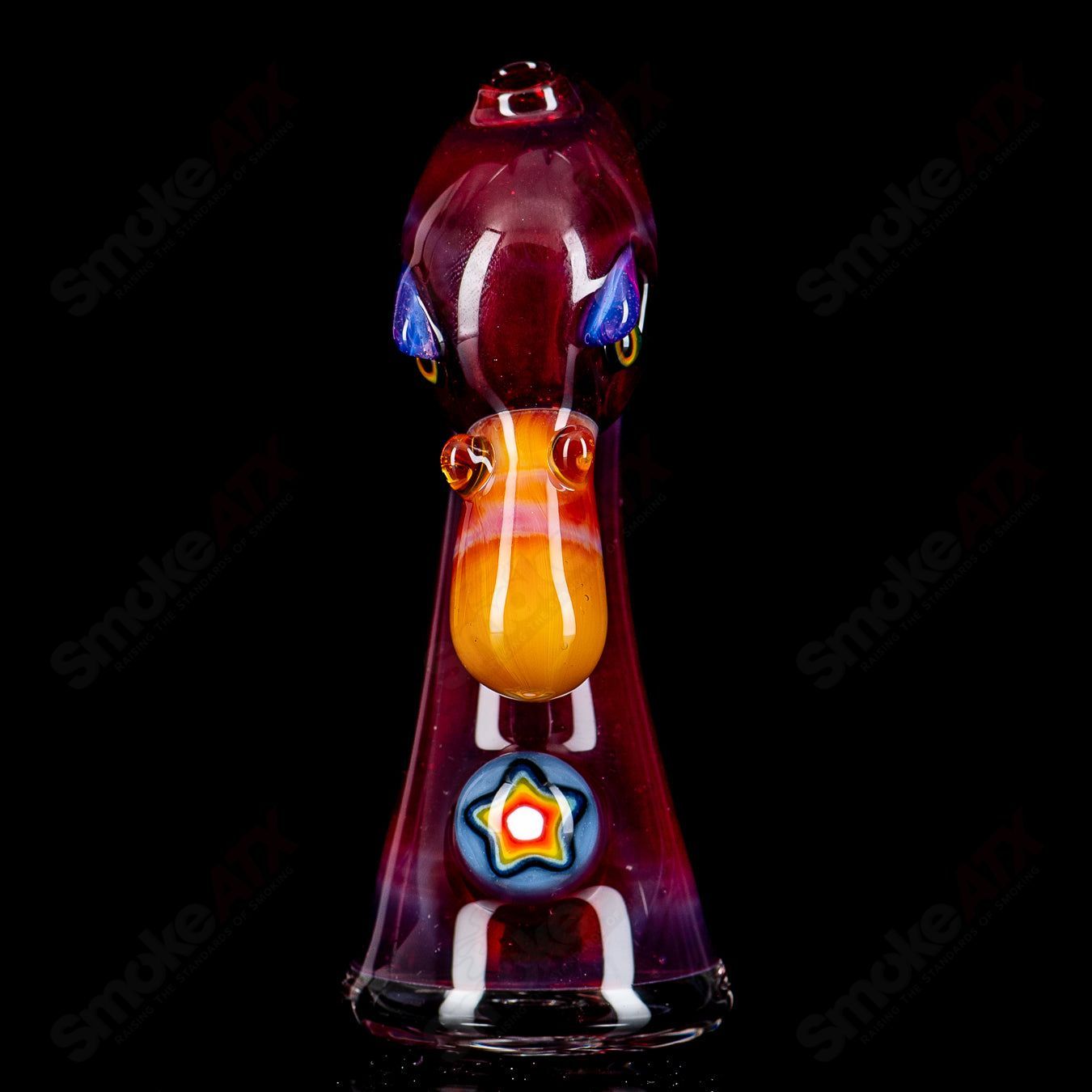 Pink flamingo Puffco dry top by Burtoni Glass, showcasing intricate glasswork and vibrant colors.