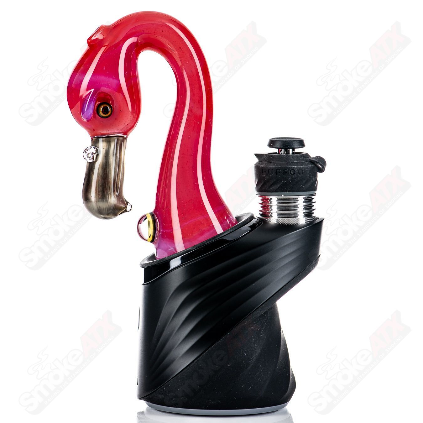 Flamingo Puffco dry top by Burtoni Glass, colorful glass accessory for Puffco devices with a flamingo design.