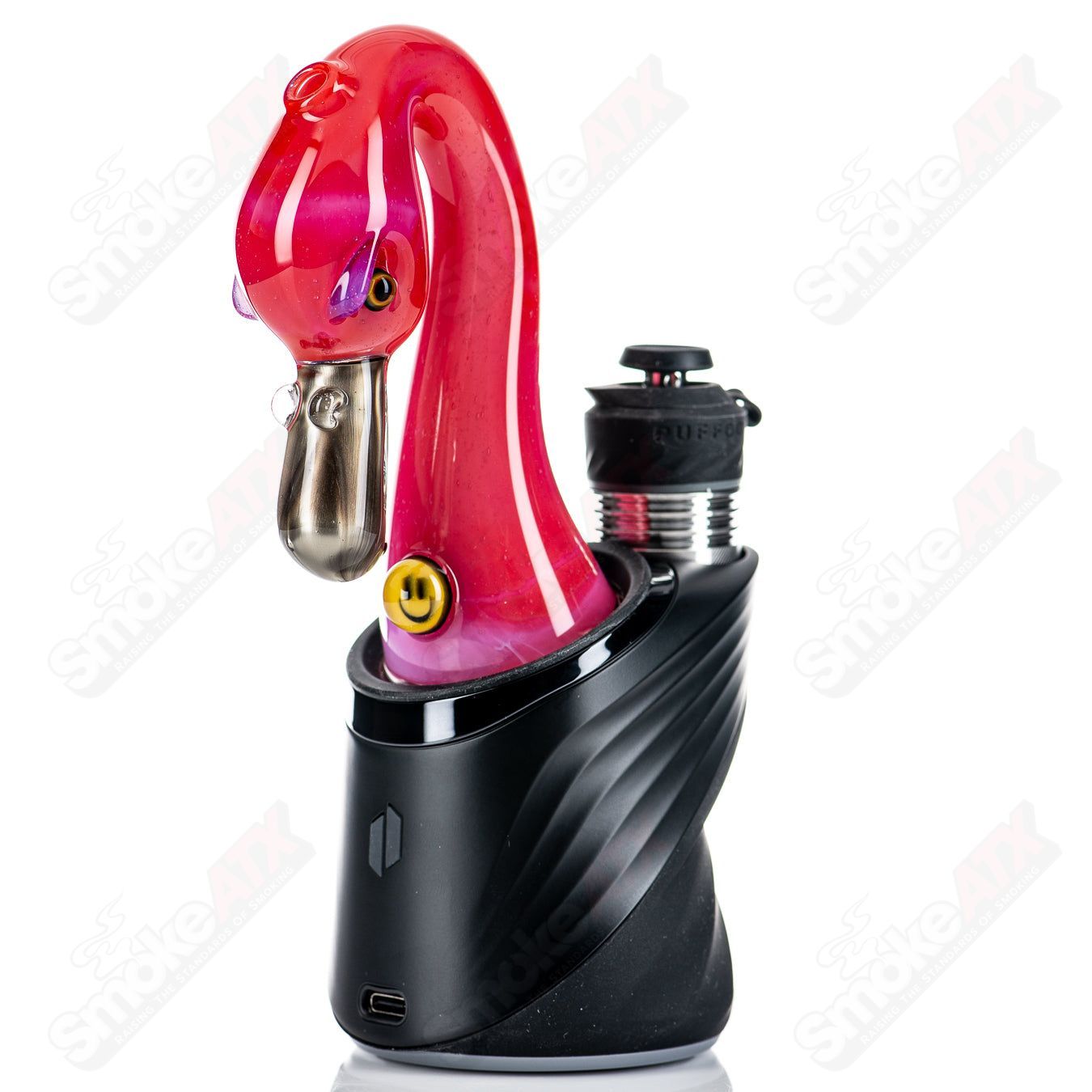 Pink flamingo Puffco dry top by Burtoni Glass, colorful glass accessory for Puffco vaporizers, detailed artistic design.