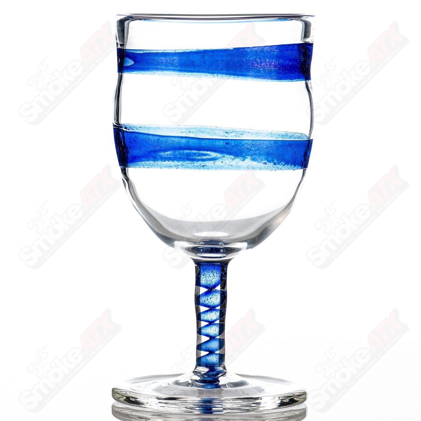 Footed blue dichro spiral stem drinking goblet from Heady Glass, featuring vibrant color and intricate spiral design.