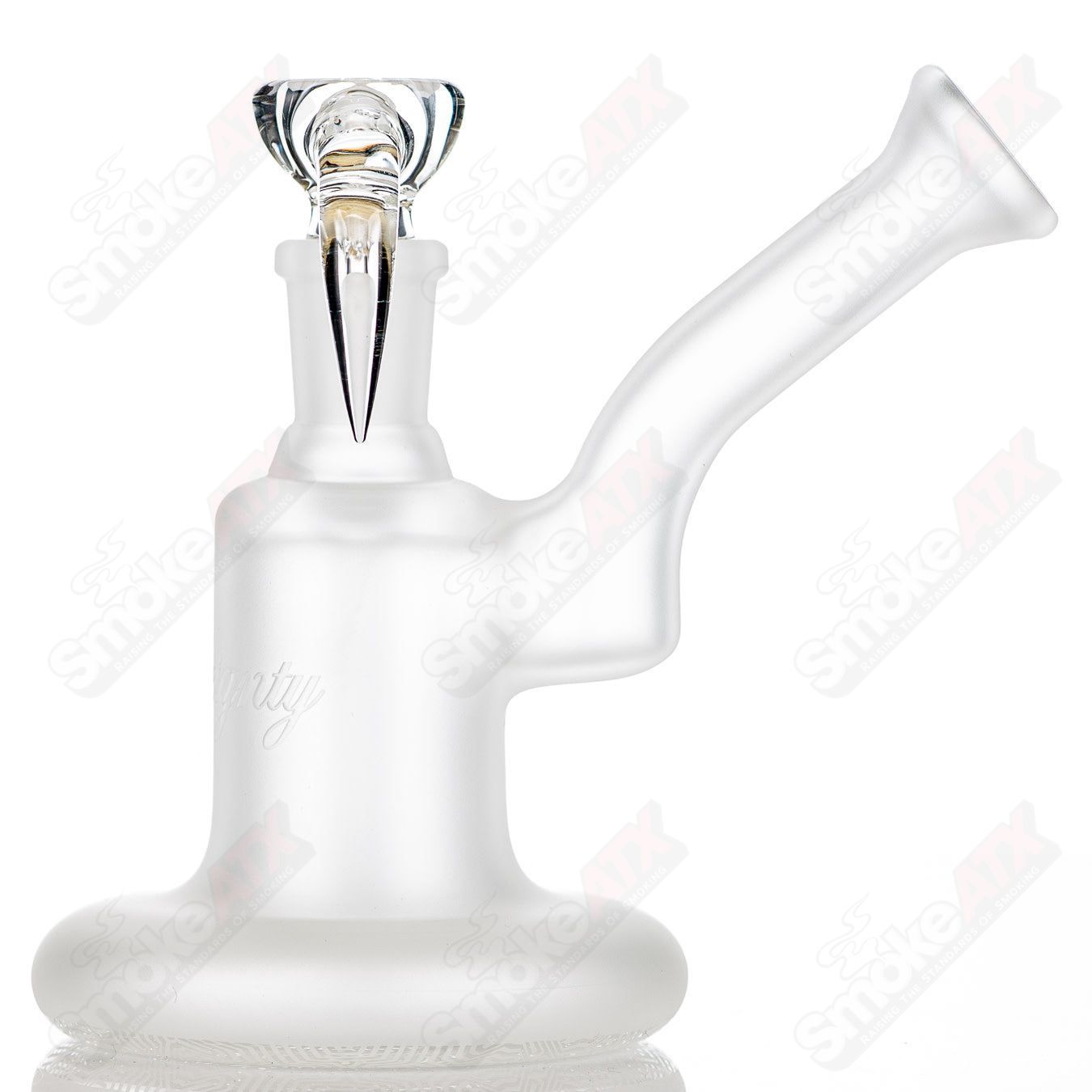 Frosted Econoline Sovereignty Glass waterpipe with intricate design and clear glass accents, made by Sovereignty Glass.