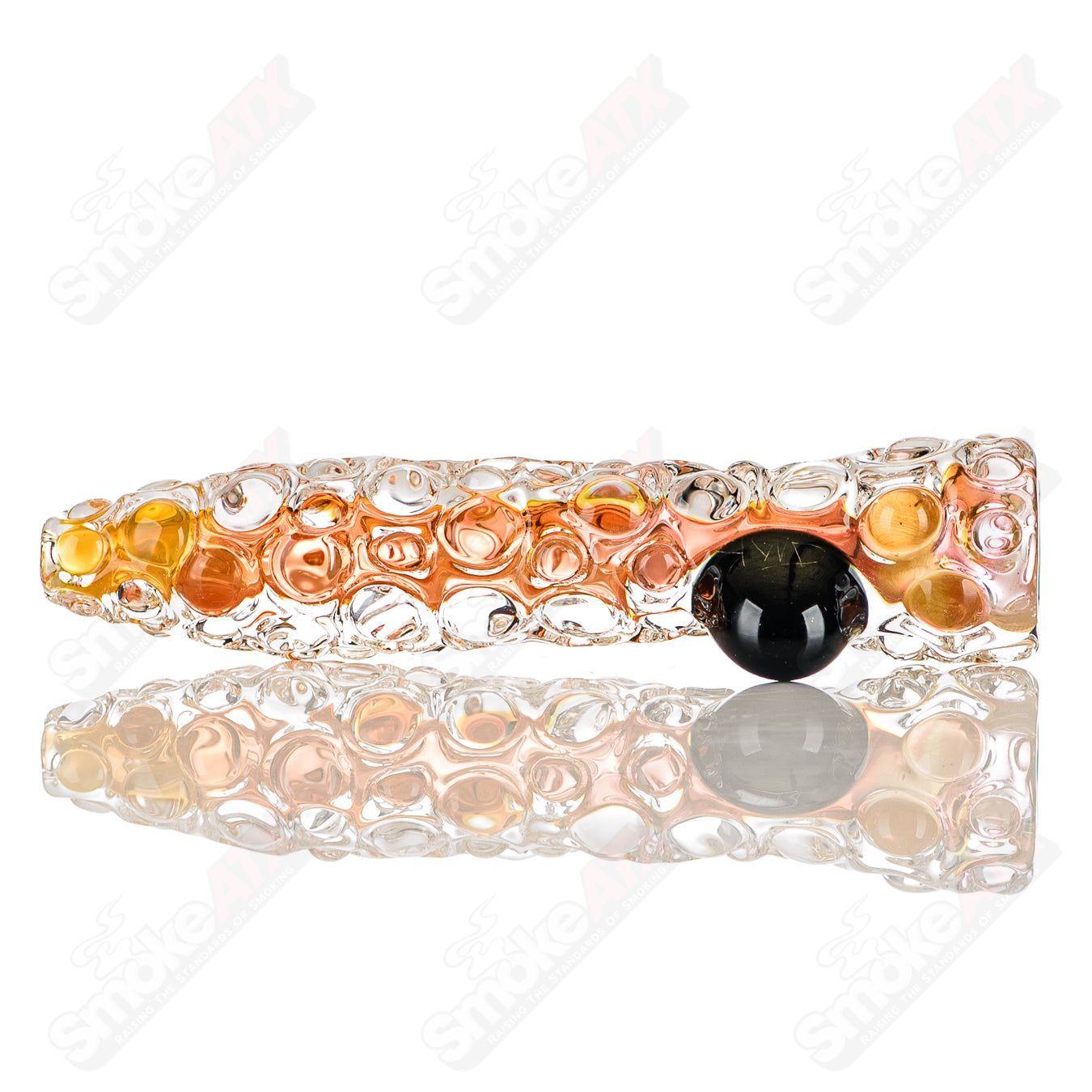 Fumed hobnail glass chillum with black dot signature by JMK Glass, showcasing intricate hobnail texture and craftsmanship.