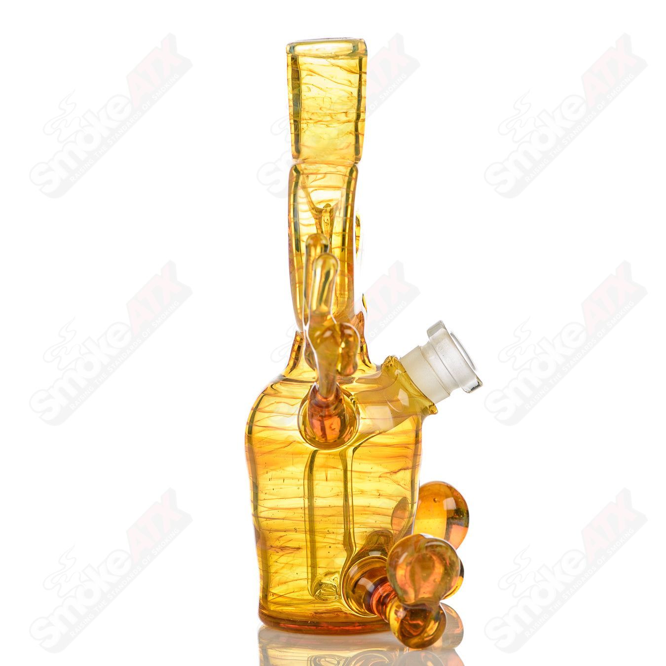 Fumed glass Sitter Rig by MJ Meltz for concentrates, featuring a sleek, artistic design with swirling fumed glass details.