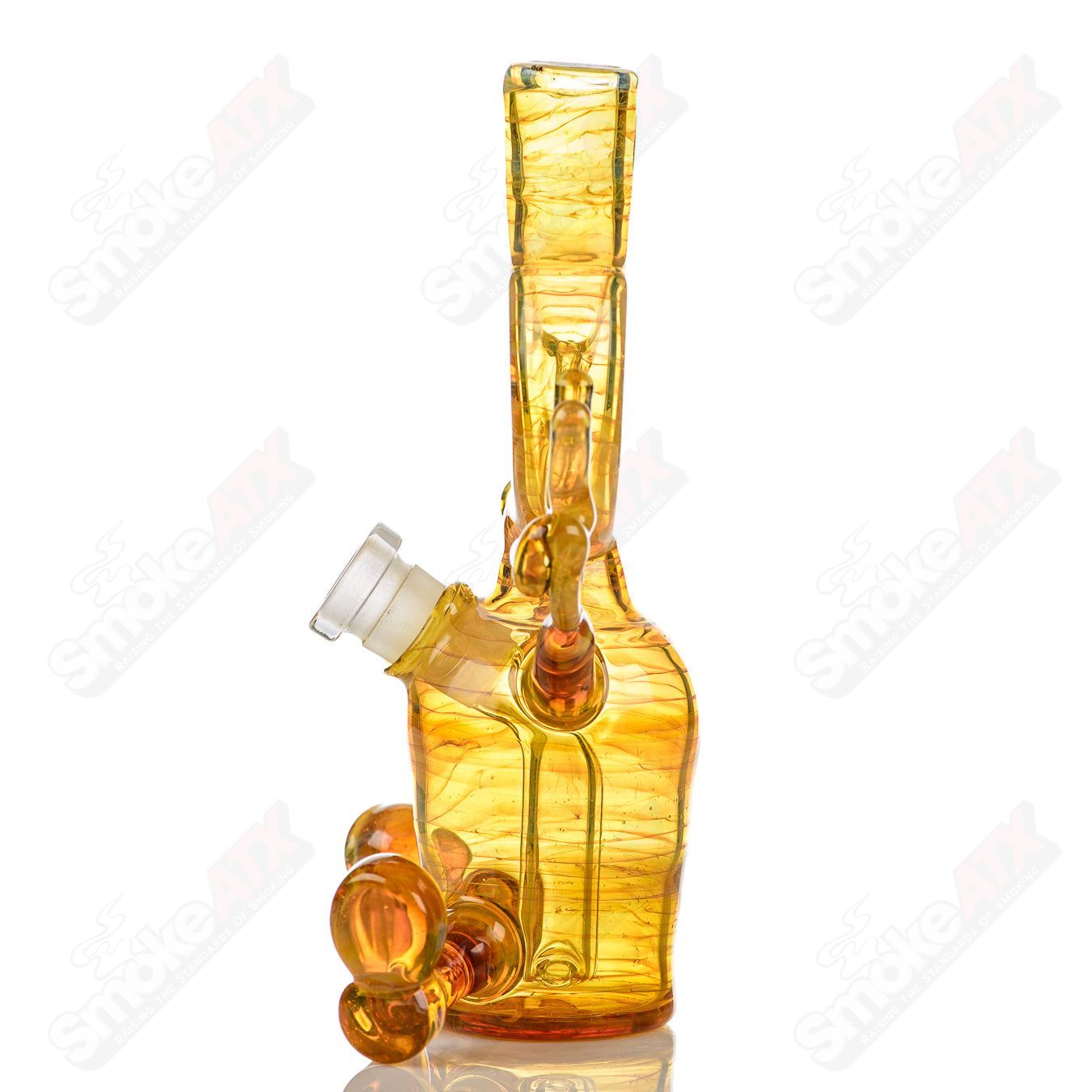 Fumed Sitter Rig by MJ Meltz, heady glass concentrate rig with colorful fumed details and intricate glasswork.