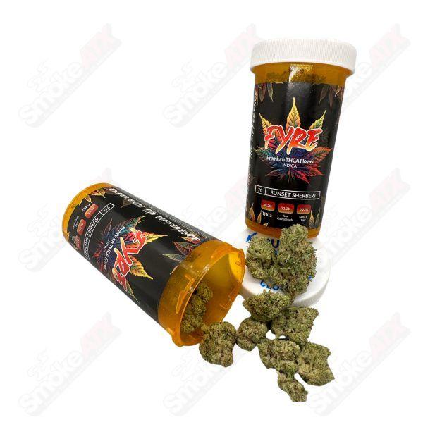 Herban Bud Fyre THCa hemp flower 7g loose smokable cannabis product with buds and green leaves