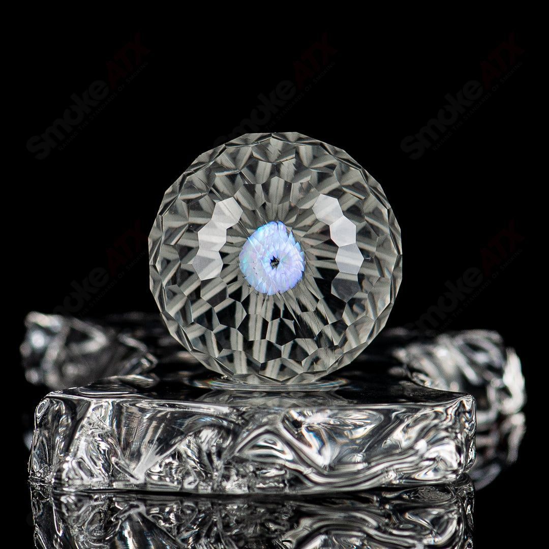 Opal faceted marble by Fatal Facets, heady glass marble with intricate faceting and smooth, polished surface.