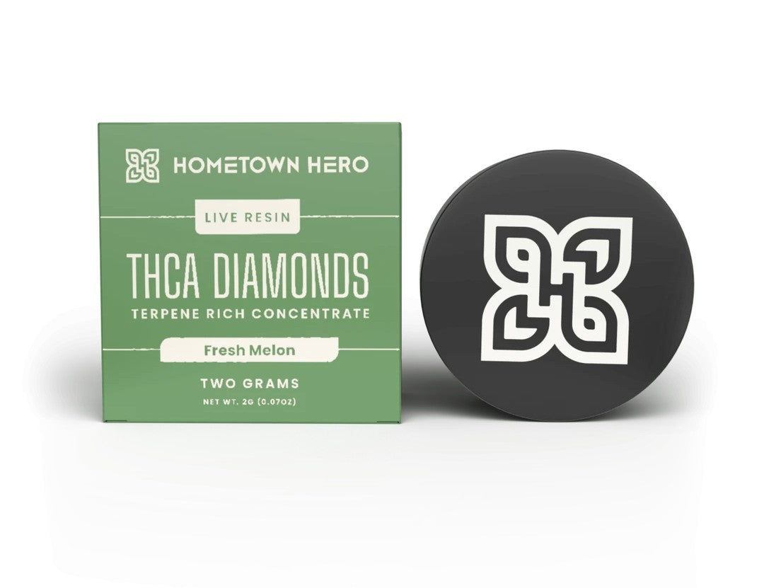 Hometown Hero 2g Fresh Melon Sativa live resin THCA diamonds, hemp concentrate with THC, shown in clear glass container.