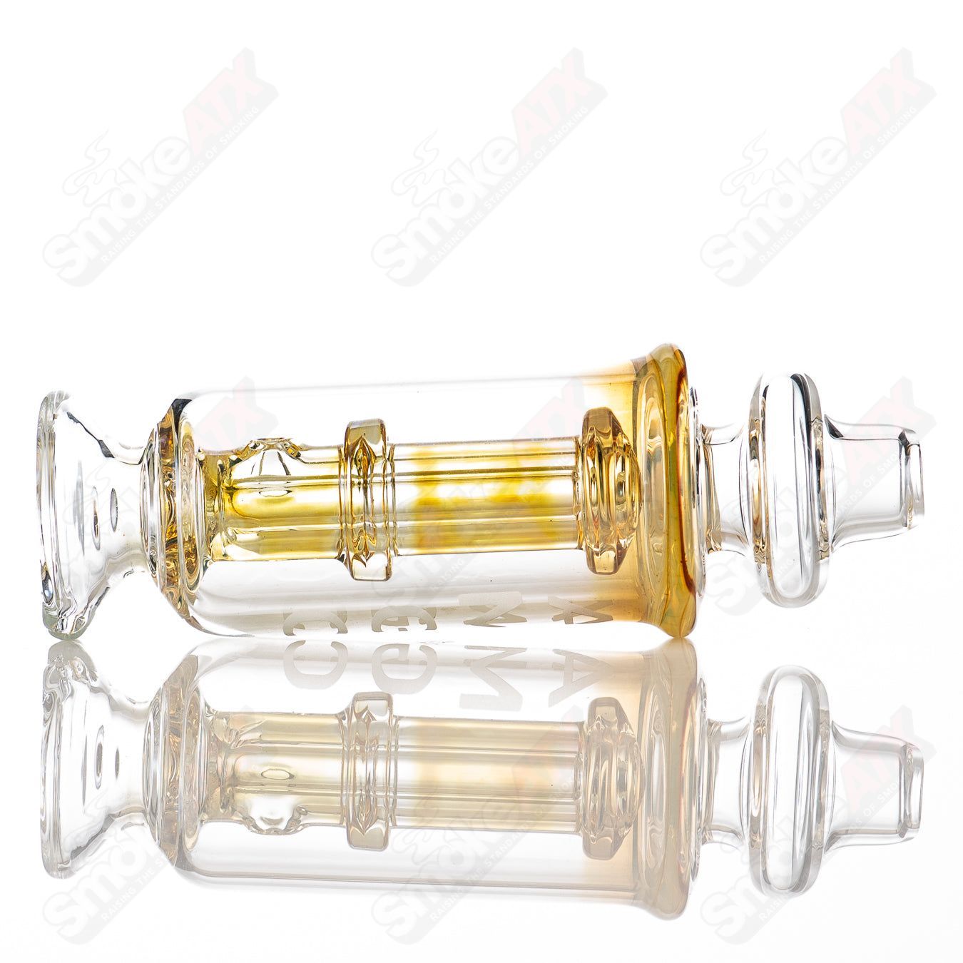 Gold fume Puffco attachment for Puffco tops by Austin Made Glass Co, featuring intricate glass design and gold accents.