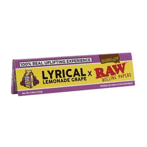 Raw Grape Lyrical Lemonade King Size Wide rolling papers for 420 products, featuring vibrant grape and lemon design.