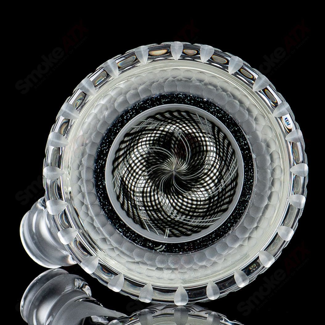 Mobius GRB 16 Circle Solo signed glass beaker with #11 of 2024 inscription, clear glass with black markings and logo details.
